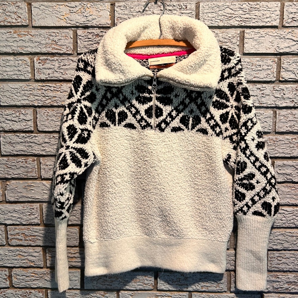 Anthropologie Pilcro Sherpa Fair‎ Isle Quarter Zip Sweater Fleece White Black S